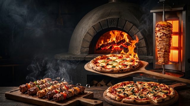 Freshly fire-grilled Flames pizza and kebab, piping hot